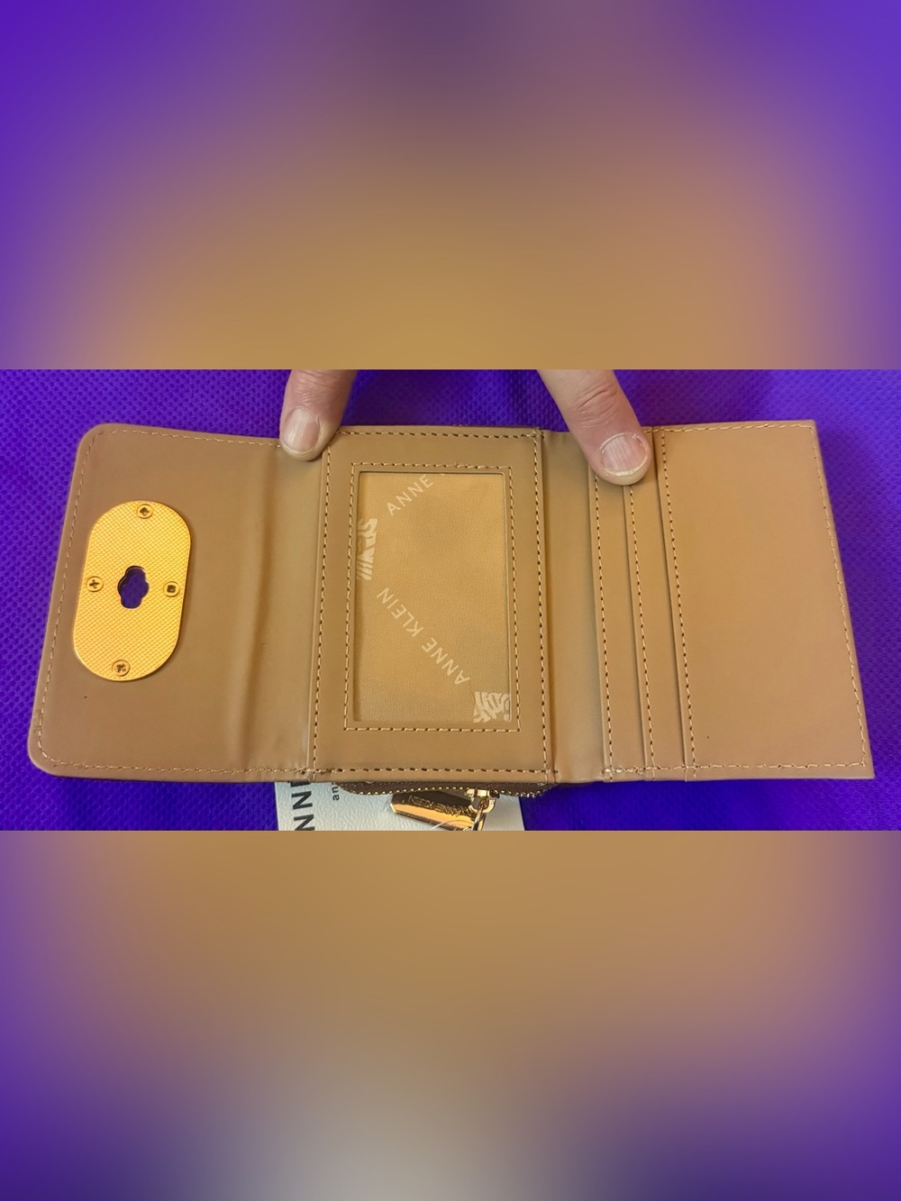 Anne Klein Camel/Tan Leather ID Cardholder Wallet with Gold Accent - Picture 2 of 3